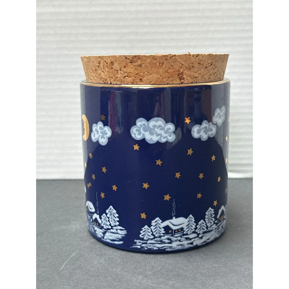 Waechtersbach W Germany Cobalt Blue Celestial Winter Village Cork Canister Jar